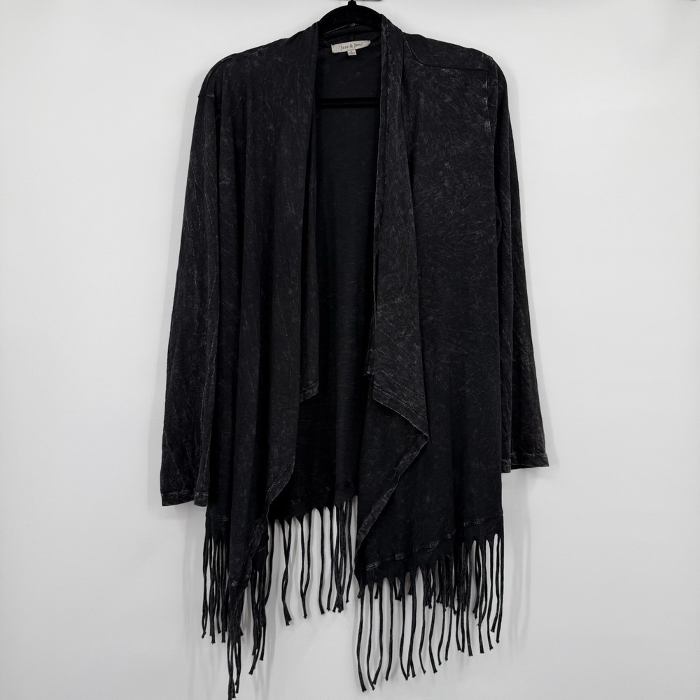 Jess Jane Cardigan Sweater Womens Large‎ Grey Fringe Open Front Art Relaxed